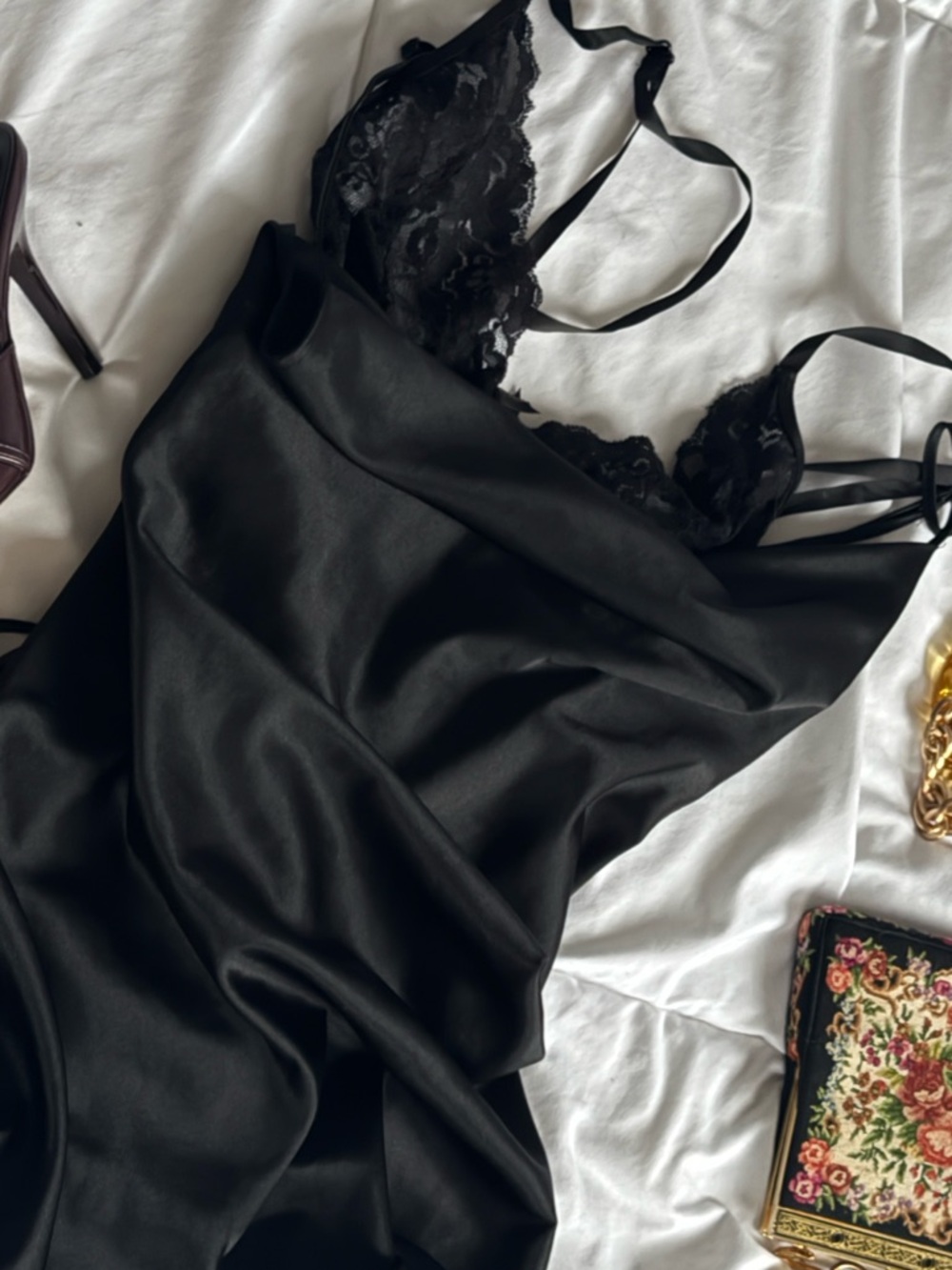 Black Satin Slip Mini Dress With Back Tie